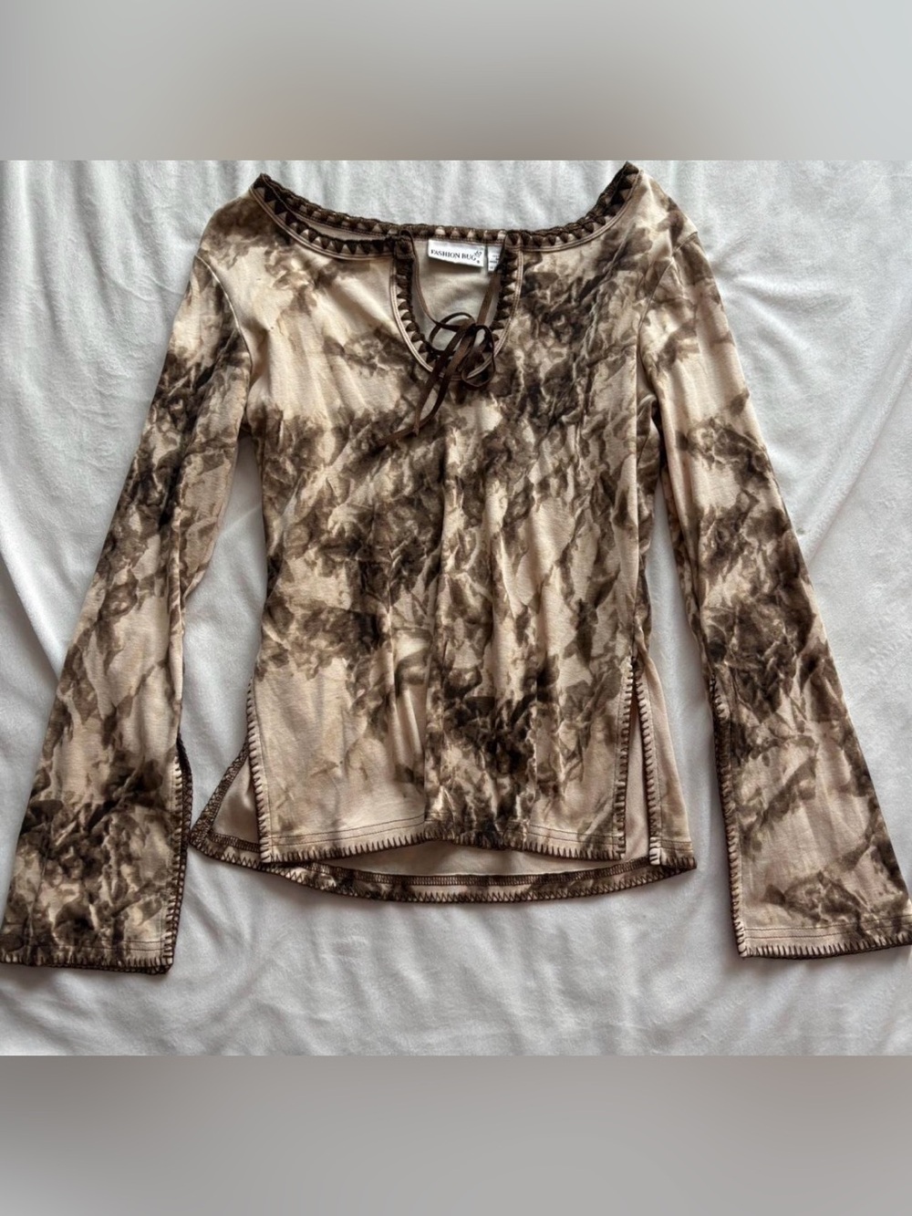 90s Fashion Bug Beige and Brown Tie-Dye Long Sleeve Scoop Top Size Small 100%